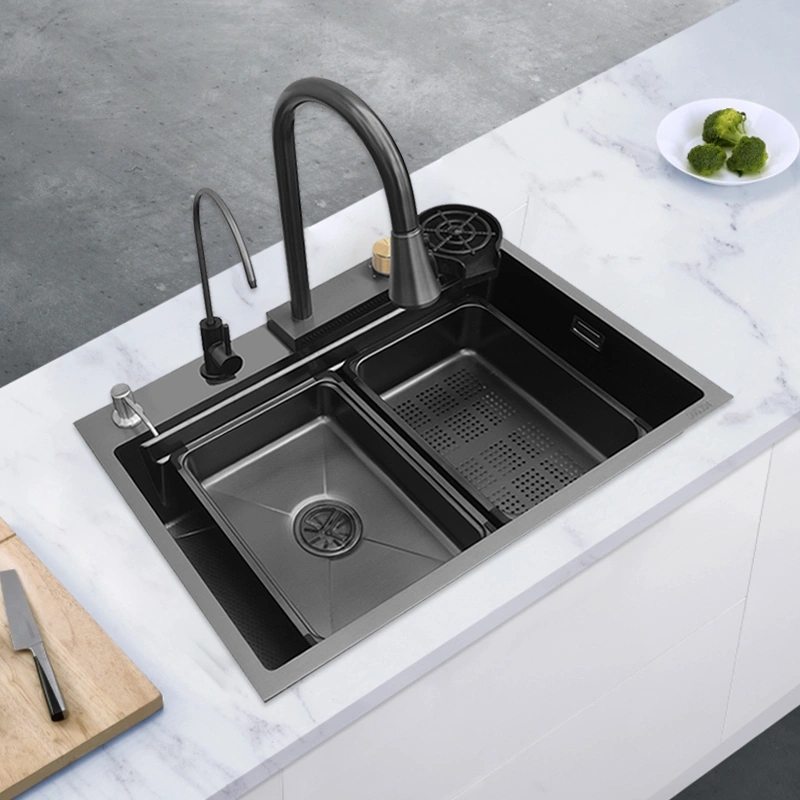 Stainless Steel Black Waterfall Kitchen Sink